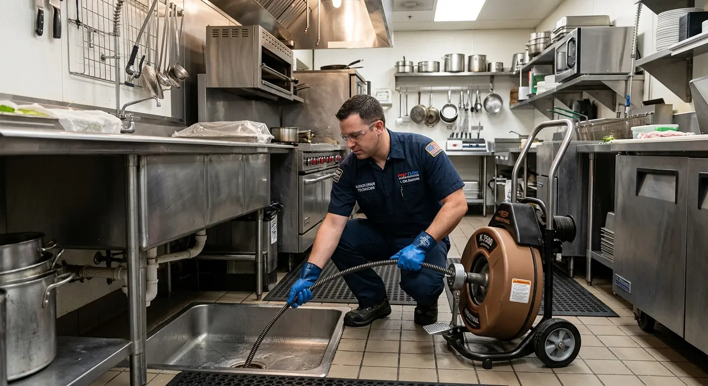 Commercial drain cleaning service in a restaurant kitchen in Roscoe