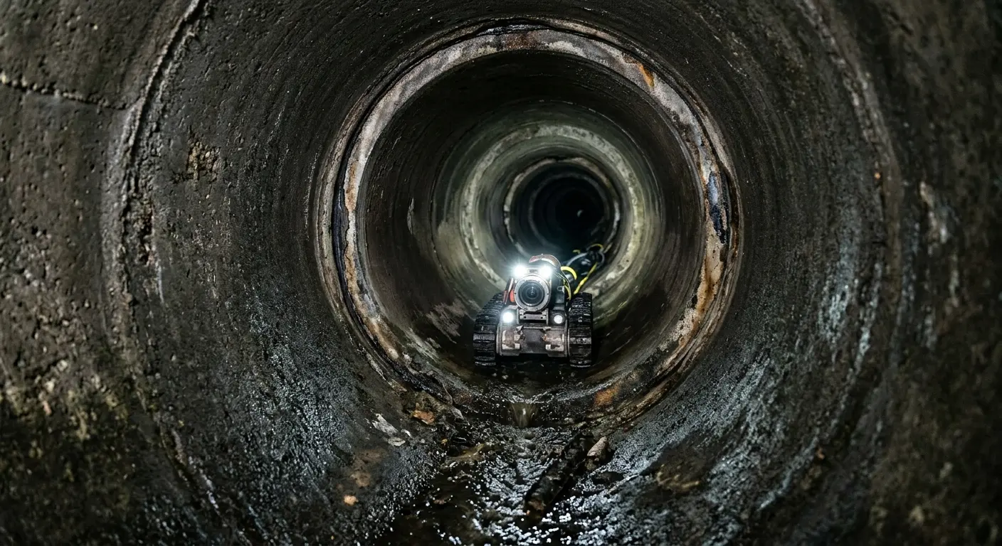 Robotic sewer camera inspecting pipe interior for Drain Snake Service in Roscoe
