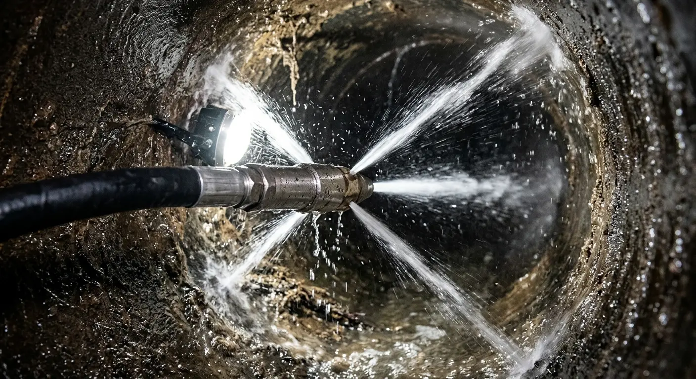 High-pressure hydro jetting nozzle cleaning sewer pipe for Storm Drain Cleaning in Roscoe