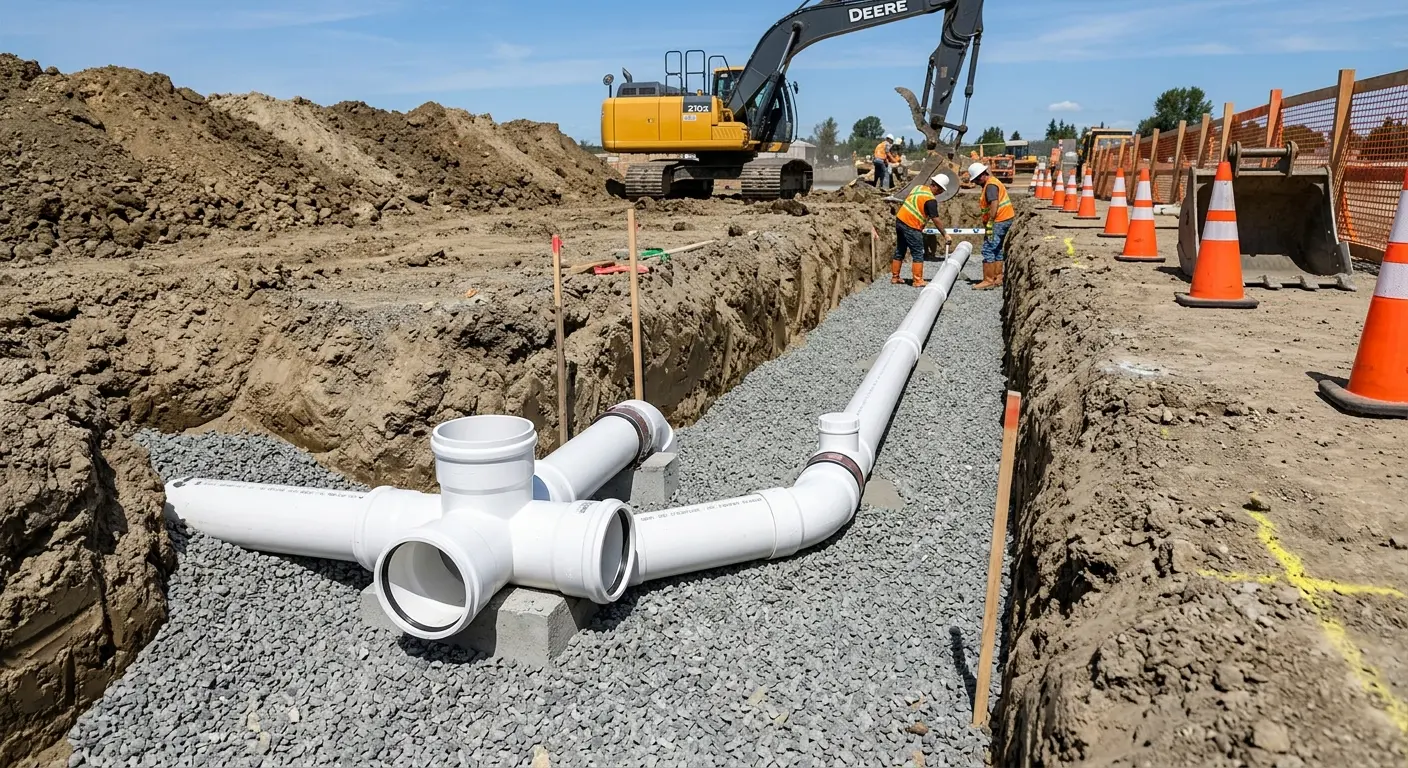 New PVC sewer pipe installation in open trench for Sewer Backup in Roscoe
