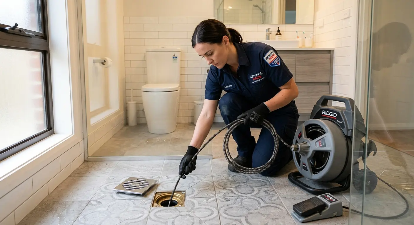 Technician clearing a bathroom floor drain for Sewer Line Installation in Roscoe